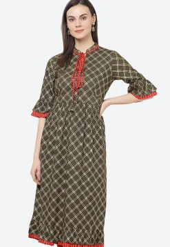 Golden Printed Rayon A Line Kurta in Dark Olive Green