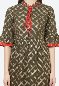 Golden Printed Rayon A Line Kurta in Dark Olive Green