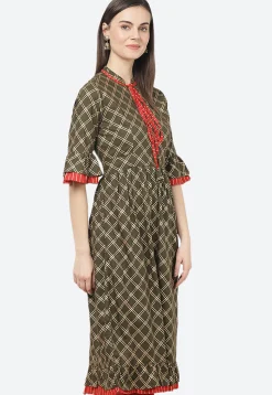 Golden Printed Rayon A Line Kurta in Dark Olive Green