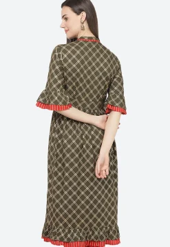Golden Printed Rayon A Line Kurta in Dark Olive Green