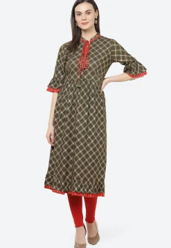 Golden Printed Rayon A Line Kurta in Dark Olive Green