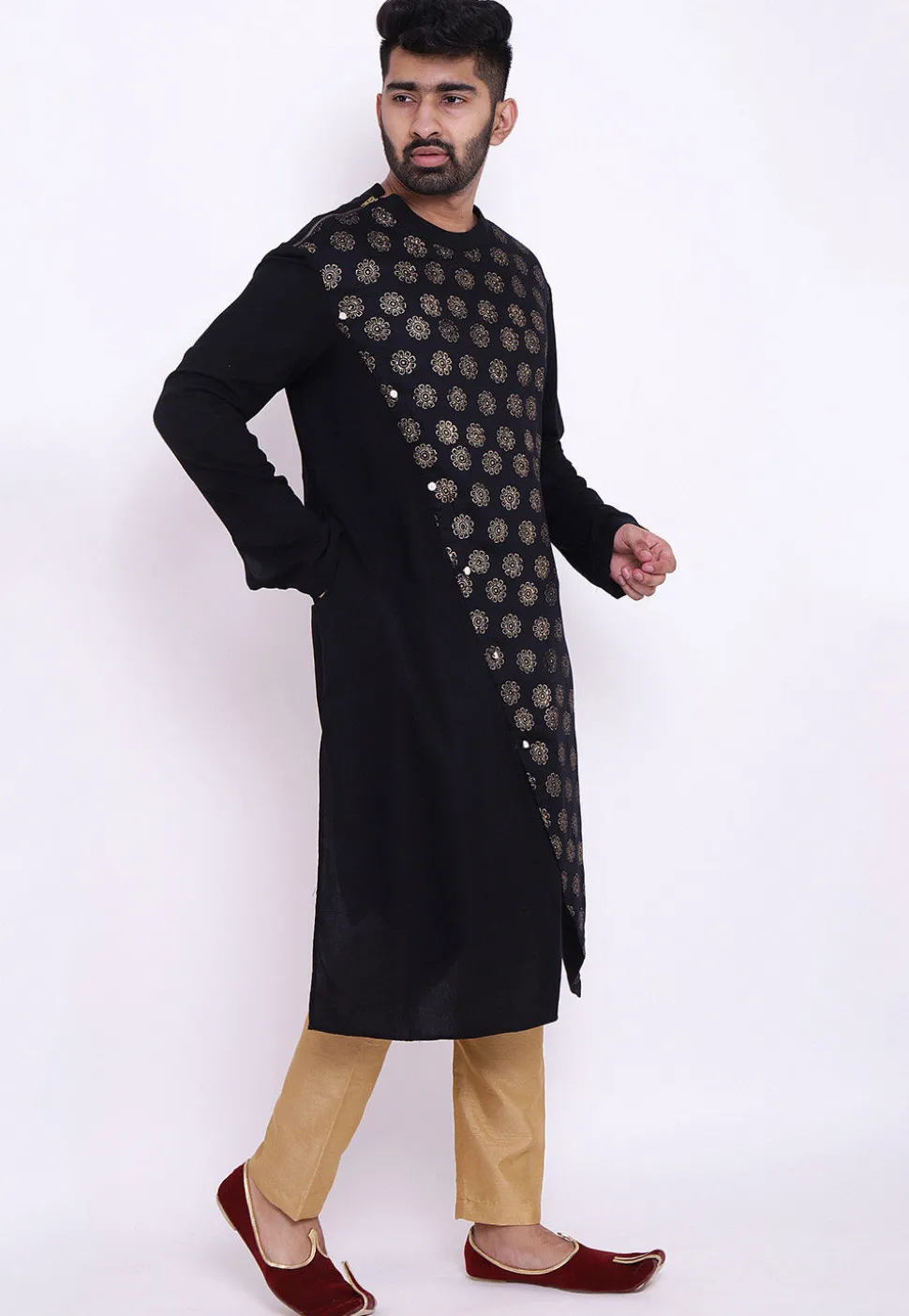 Golden Printed Rayon Asymmetric Kurta Set in Black