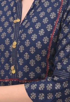 Golden Printed Rayon Cotton Straight Kurta in Navy Blue