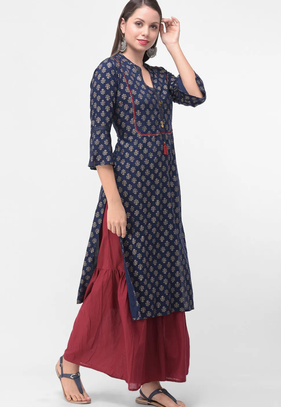 Golden Printed Rayon Cotton Straight Kurta in Navy Blue