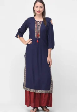 Golden Printed Rayon Cotton Straight Kurta in Navy Blue