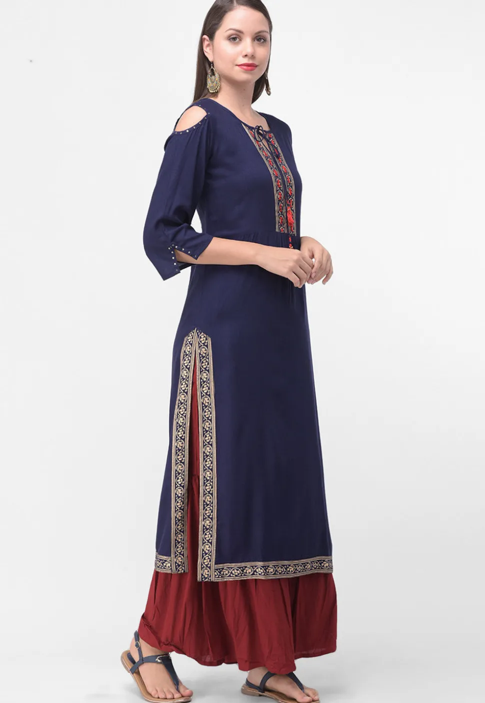 Golden Printed Rayon Cotton Straight Kurta in Navy Blue