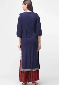 Golden Printed Rayon Cotton Straight Kurta in Navy Blue