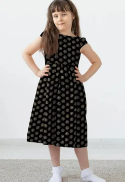 Golden Printed Rayon Dress in Black