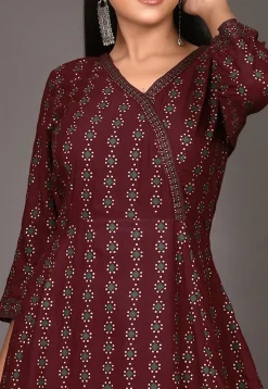 Golden Printed Rayon Gown in Wine