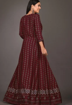 Golden Printed Rayon Gown in Wine