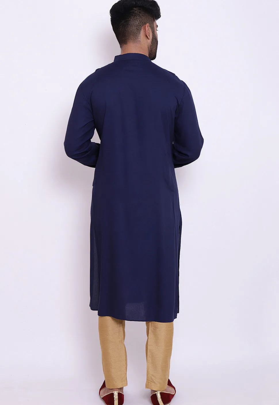 Golden Printed Rayon Kurta in Navy Blue