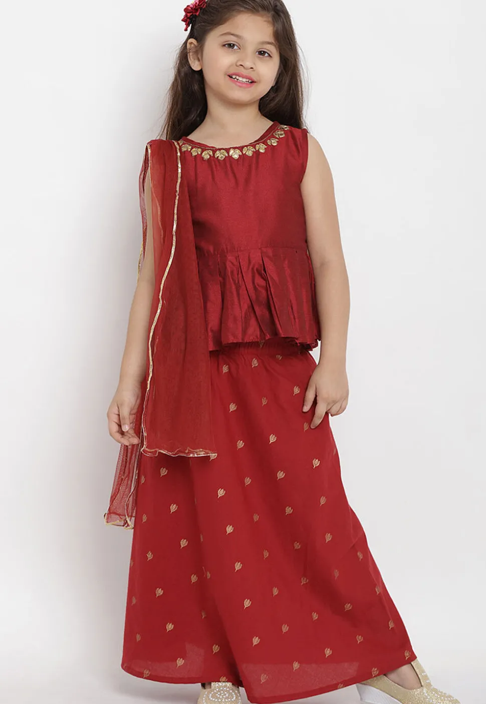 Golden Printed Rayon Lehenga in Maroon