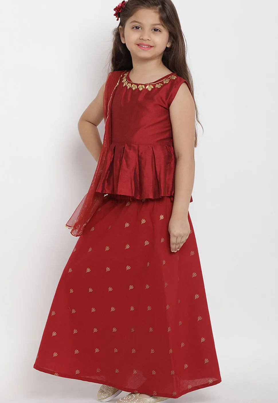 Golden Printed Rayon Lehenga in Maroon