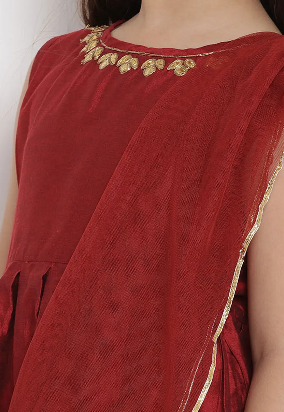 Golden Printed Rayon Lehenga in Maroon
