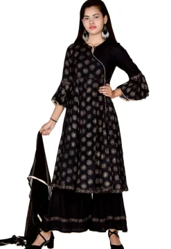 Golden Printed Rayon Pakistani Suit in Black