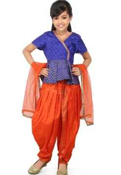 Golden Printed Shantoon Angrakha Style Suit in Royal Blue
