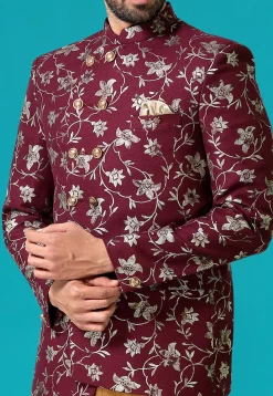 Golden Printed Terry Rayon Asymmetric Jodhpuri Suit in Wine