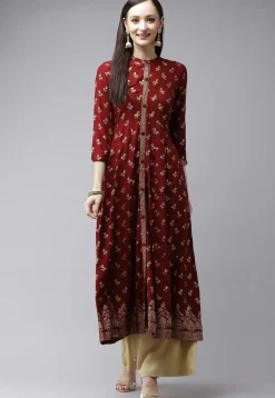 Golden Printed Viscose Rayon Anarkali Kurta in Maroon