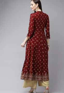 Golden Printed Viscose Rayon Anarkali Kurta in Maroon
