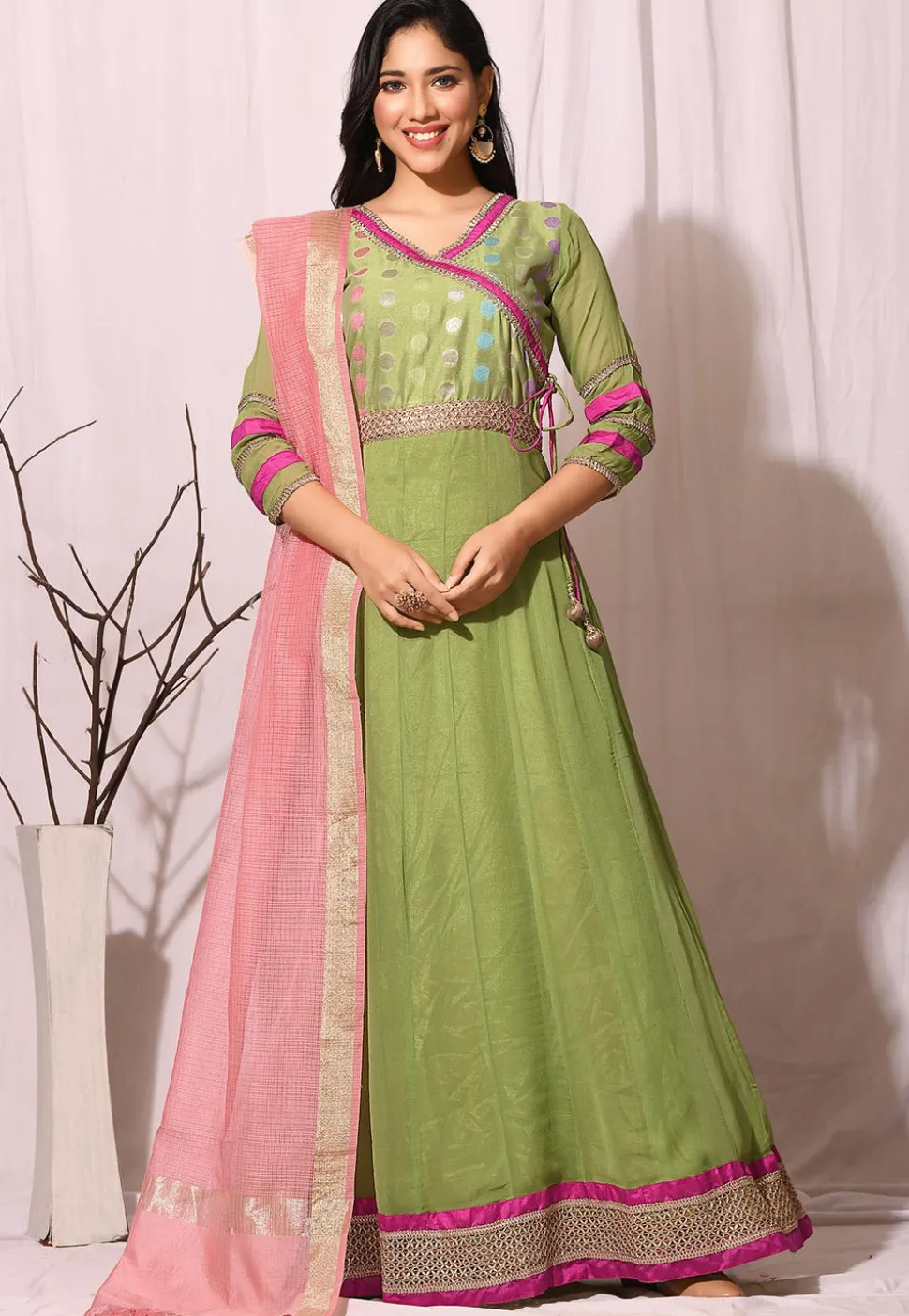 Gota Border Viscose Georgette Abaya Style Suit in Pastel Green