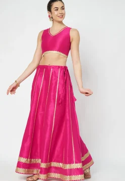 Gota Embellished Art Dupion Silk Skirt in Fuchsia