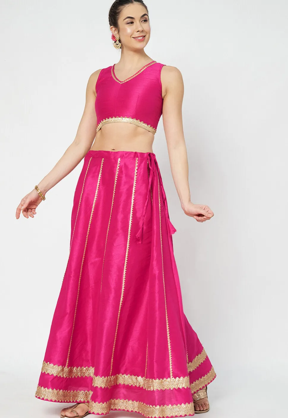 Gota Embellished Art Dupion Silk Skirt in Fuchsia
