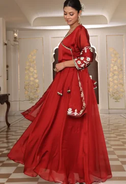 Gota Embellished Art Silk Abaya Style Suit in Maroon