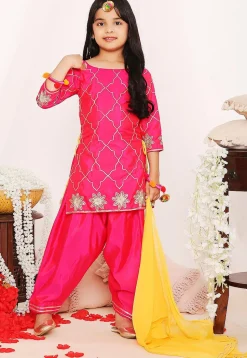 Gota Embellished Art Silk Punjabi Suit in Fuchsia