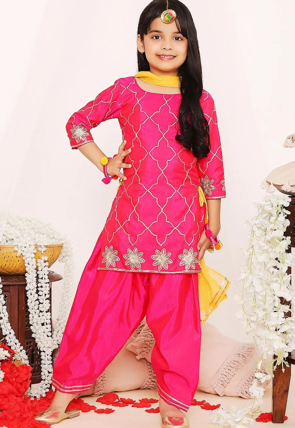 Gota Embellished Art Silk Punjabi Suit in Fuchsia