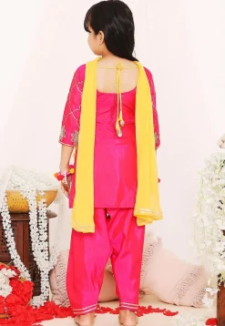 Gota Embellished Art Silk Punjabi Suit in Fuchsia