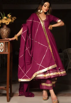 Gota Embellished Cotton Anarkali Suit in Burgundy