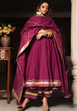 Gota Embellished Cotton Anarkali Suit in Burgundy