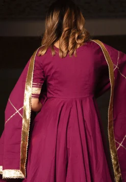 Gota Embellished Cotton Anarkali Suit in Burgundy