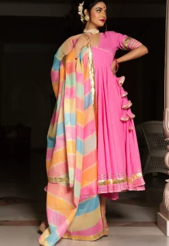 Gota Embellished Cotton Anarkali Suit in Pink