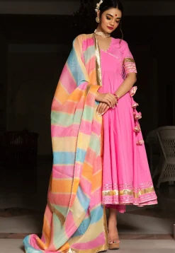 Gota Embellished Cotton Anarkali Suit in Pink