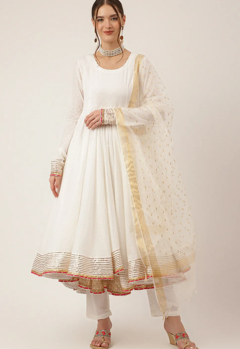 Gota Embellished Cotton Anarkali Suit in Off White