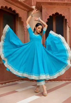 Gota Embellished Cotton Anarkali Suit in Sky Blue