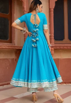Gota Embellished Cotton Anarkali Suit in Sky Blue