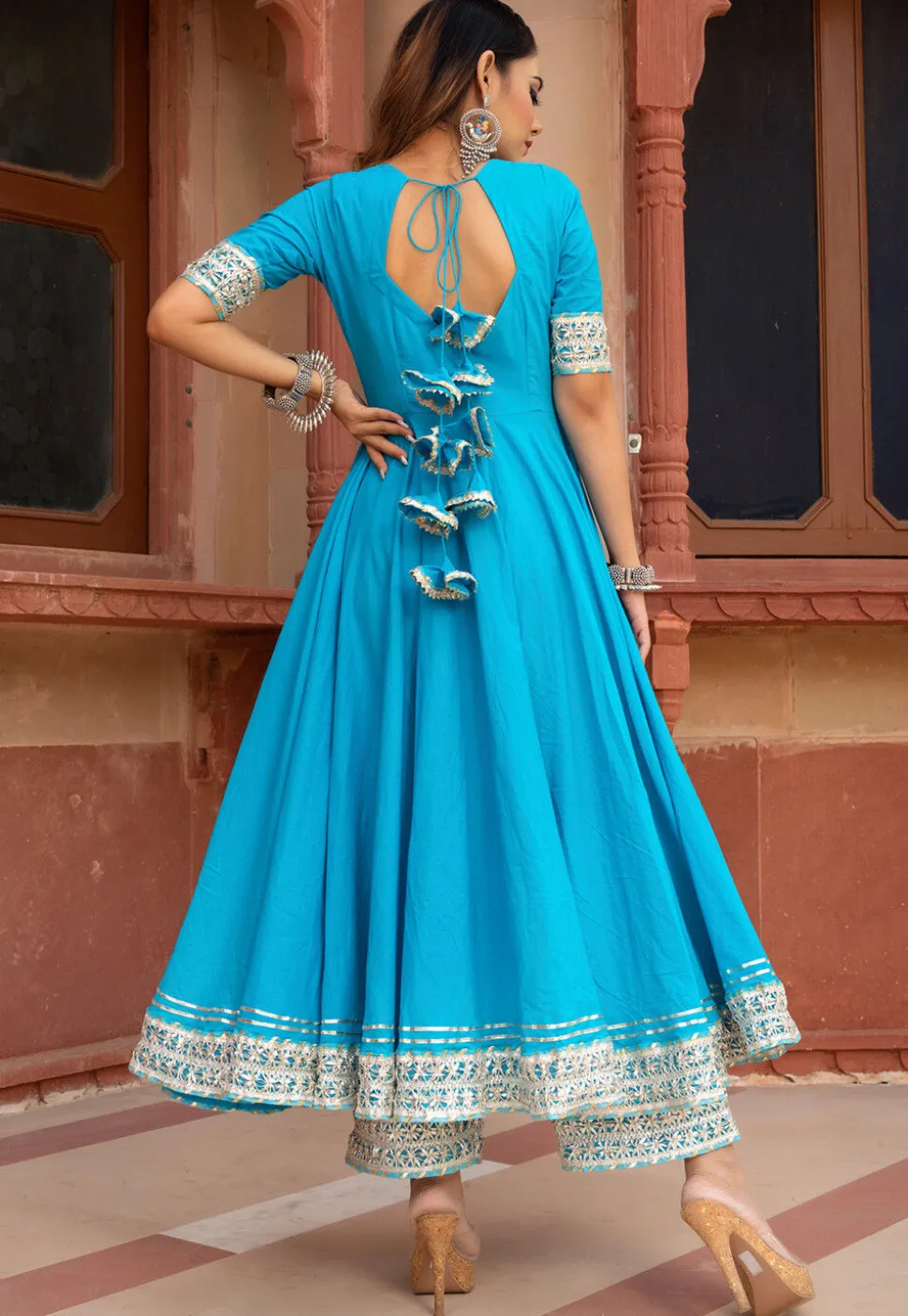 Gota Embellished Cotton Anarkali Suit in Sky Blue