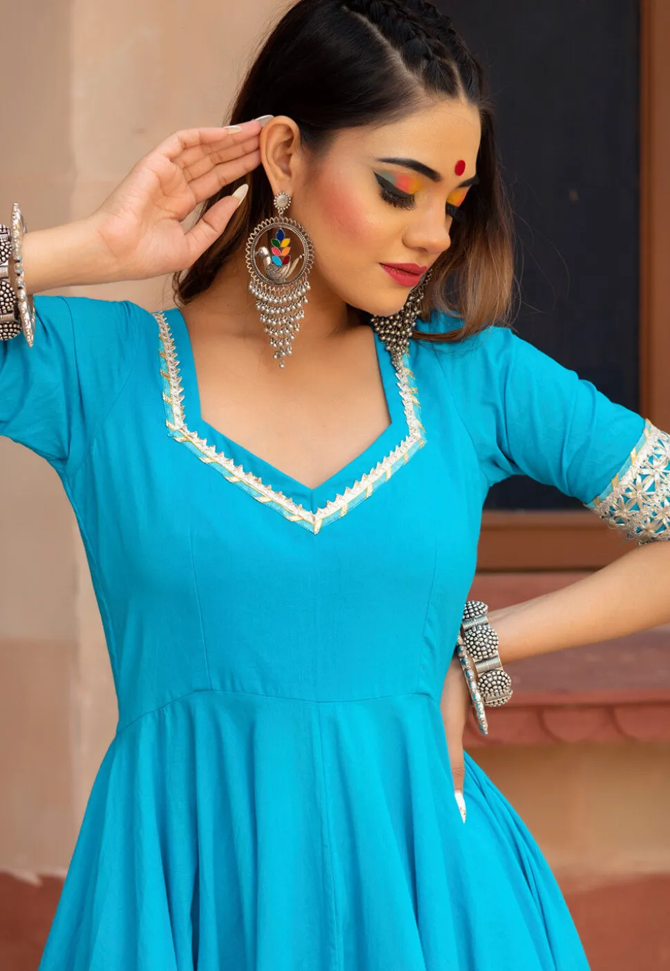 Gota Embellished Cotton Anarkali Suit in Sky Blue