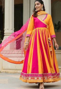 Gota Embellished Cotton Silk Anarkali Suit in Fuchsia and Yellow