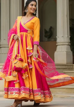 Gota Embellished Cotton Silk Anarkali Suit in Fuchsia and Yellow