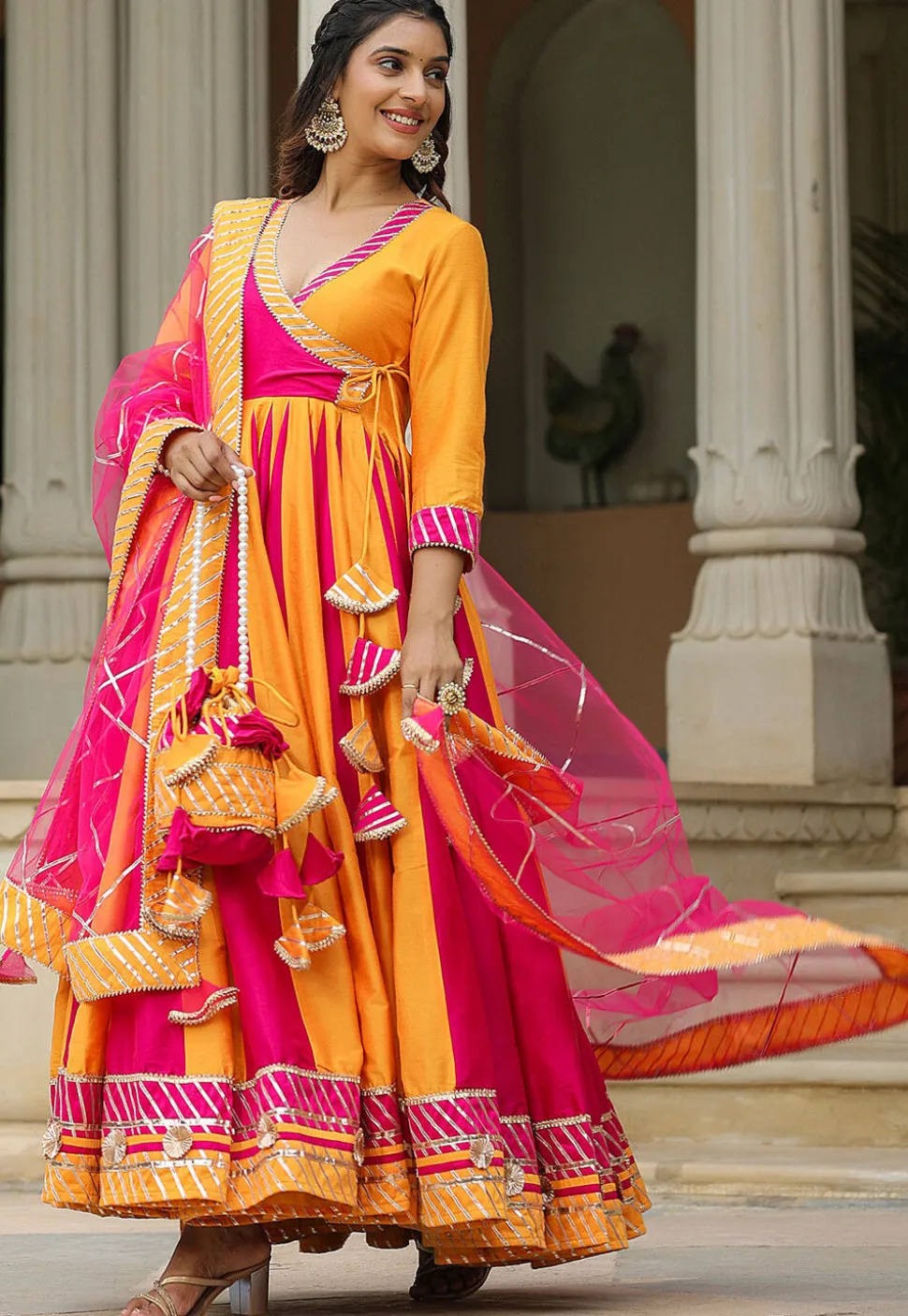 Gota Embellished Cotton Silk Anarkali Suit in Fuchsia and Yellow