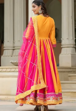 Gota Embellished Cotton Silk Anarkali Suit in Fuchsia and Yellow