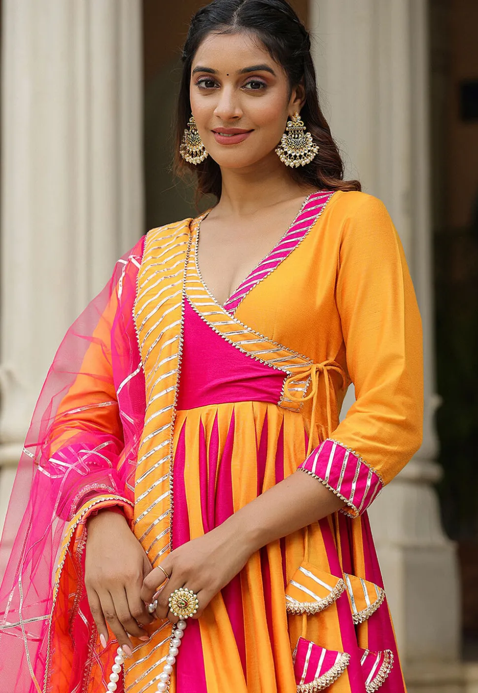Gota Embellished Cotton Silk Anarkali Suit in Fuchsia and Yellow