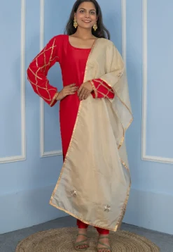 Gota Embellished Cotton Silk Straight Cut Suit in Red