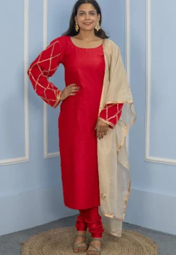 Gota Embellished Cotton Silk Straight Cut Suit in Red