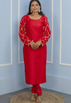 Gota Embellished Cotton Silk Straight Cut Suit in Red