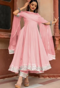 Gota Embellished Cotton Silk Anarkali Suit in Baby Pink