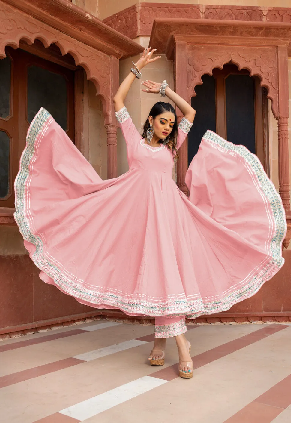 Gota Embellished Cotton Silk Anarkali Suit in Baby Pink